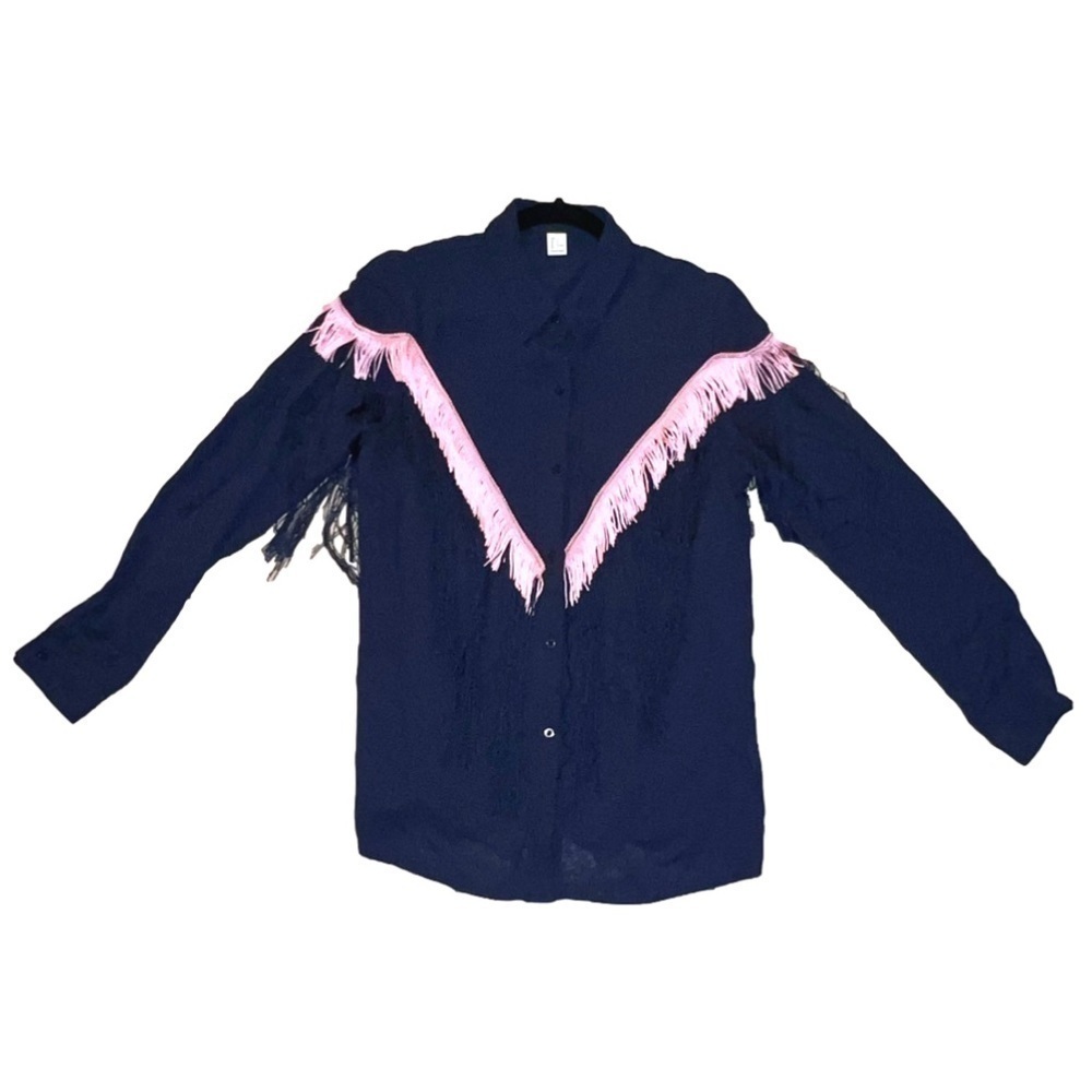 NAVY button down shirt with pink and navy fringe